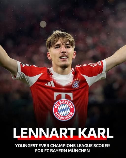 Lennart. Karl! At 17 years and 242 days, he becomes the youngest goal scorer of FC Bayern Munich in the Champions League – a record previously held by Jamal Musiala….