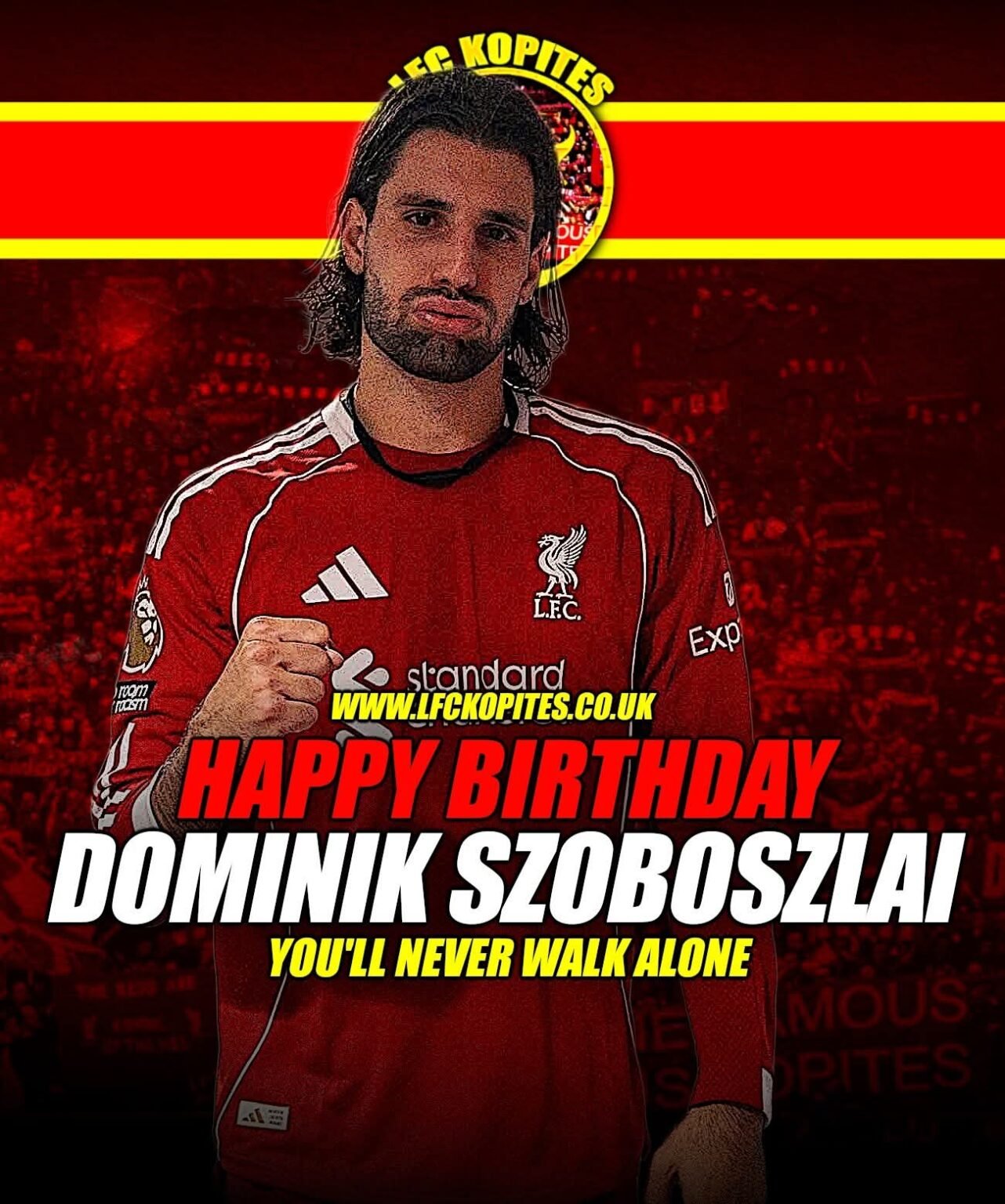 Happy Birthday, Dominik Szoboszlai! 🎊🎂  we’re wishing you an incredible day. Your energy, passion, and quality have made you a fan favourite since the moment you pulled on the red shirt.   Dominik, you’ve already shown what it means to wear the Liverpool badge – power, pride, and passion. Your creativity, leadership, and determination light up Anfield every time you step on the pitch.  Here’s to more goals, more silverware, and more unforgettable moments in the famous red shirt.  Happy Birthday, Szobo! ❤️