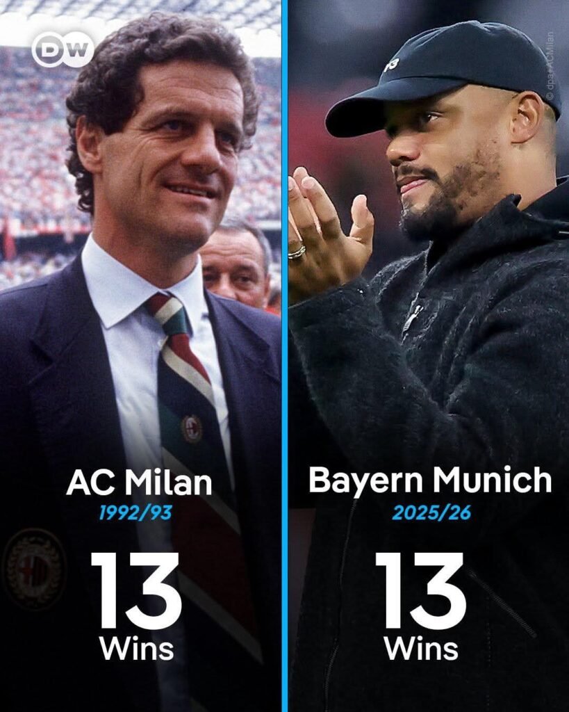 Vincent Kompany’s Bayern Munich started the 2025/26 season with 13 wins in a row, setting the legendary record of Fabio Capello’s AC Milan (1992/93) in the top five European leagues 📈🏆 History repeats itself – in red and white 🔴⚪️ #FCBayern #ACMilan
