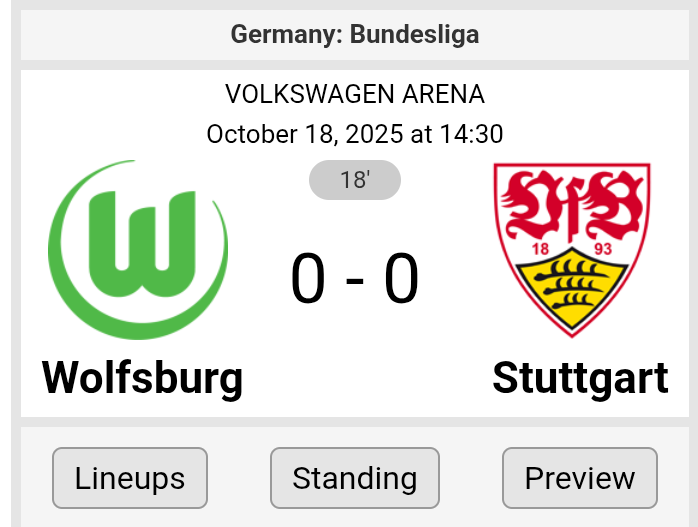 Bestätigte Aufstellungen: VfL Wolfsburg vs. VfB Stuttgart Hier sind die offiziellen Startaufstellungen für das heutige Bundesliga-Duell zwischen dem VfL Wolfsburg und dem VfB Stuttgart.