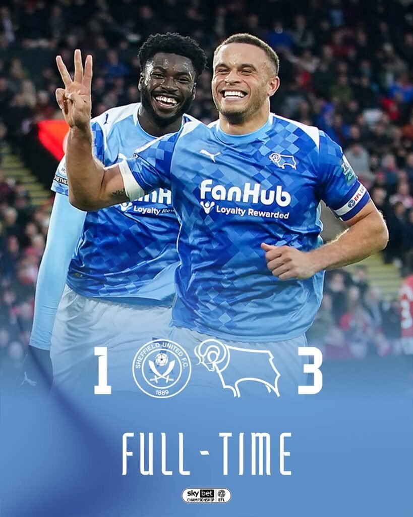 “History Makers! Derby County Seal Three Wins in a Row with Three-Goal Blitz in EFL Triumph