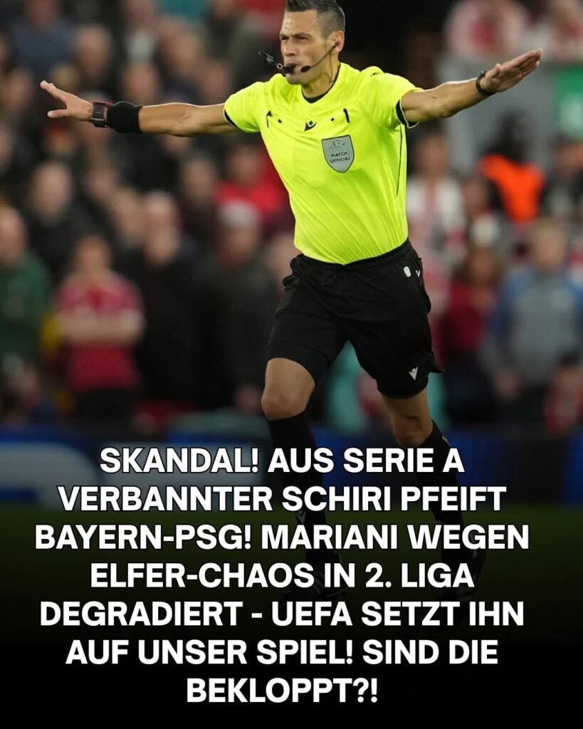 ICH FASS ES NICHT! ICH HALTE ES EINFACH NICHT AUS! Maurizio Mariani pfeift unser Champions-League-Spiel gegen PSG! Der Mann, der LETZTE WOCHE wegen eines SKANDALÖSEN Elfmeters aus der Serie A GESPERRT wurde! Derjenige, der in die ZWEITE LIGA VERSETZT wurde! Nur weil er einen umstrittenen Elfmeter gegeben hat! Und JETZT? JETZT darf er das WICHTIGSTE SPIEL leiten…