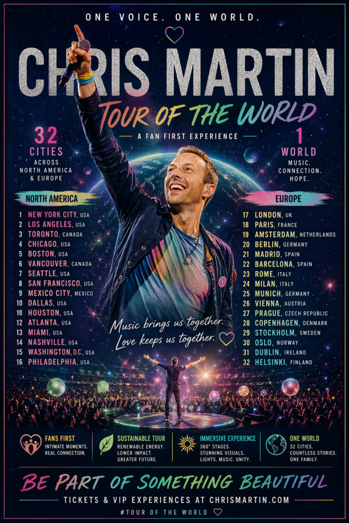 🌍✨ ONE VOICE, ONE WORLD: Chris Martin’s 32-City Global Fan Tour Across North America & Europe ✨🌍..